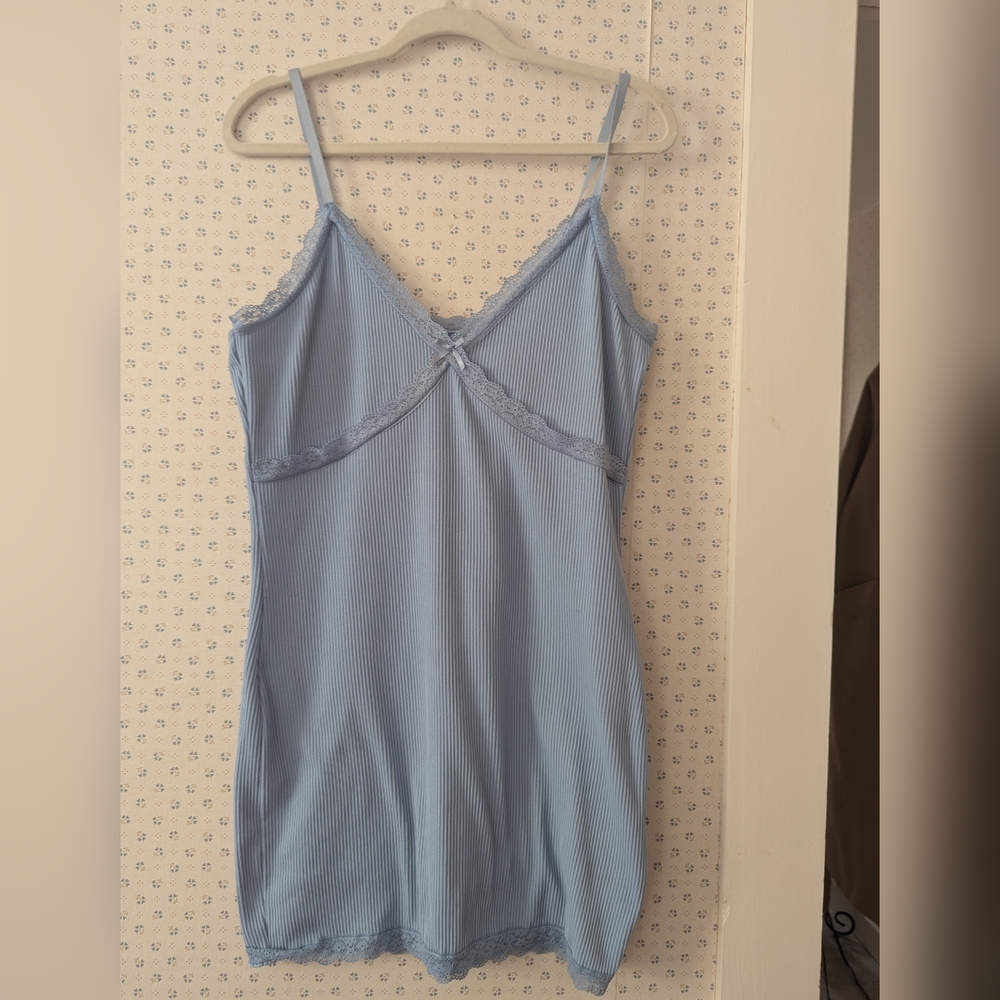 Divided H&M L Slip Dress Blue Ribbed Lace Night Out Date Layer Feminine Sexy
